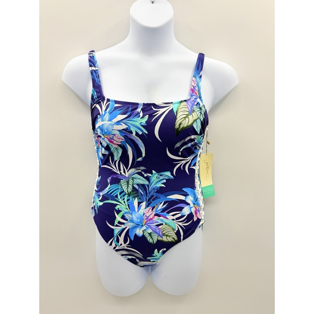Gottex Profile Turkiz Womens Size 10 Floral Lace Up Side One Piece Swimsuit 1934